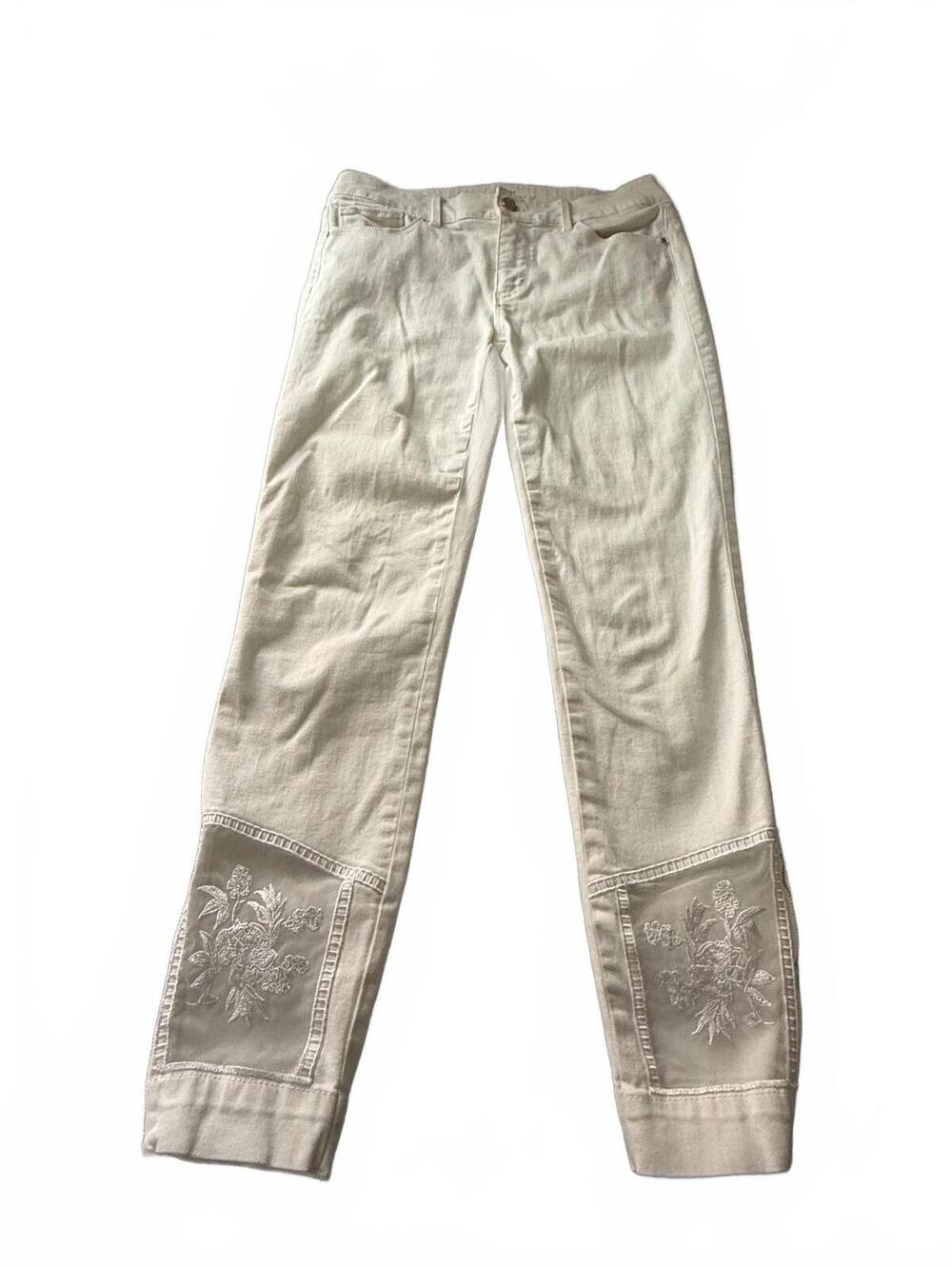 White House Black Market White Mid-Rise Skinny Jeans 4 Floral Embroidered Mesh